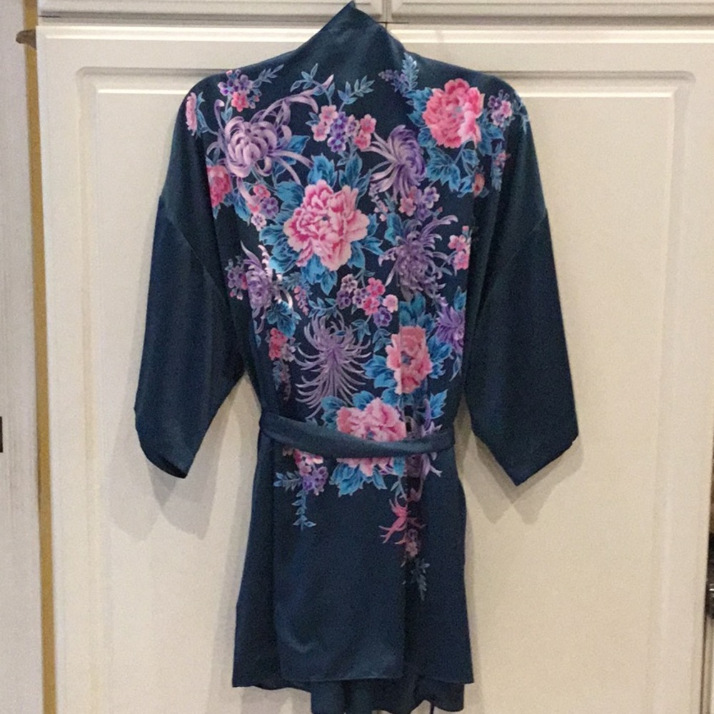 Victoria's Secret Navy Floral Satin Kimono Robe with Pink & Purple Flowers